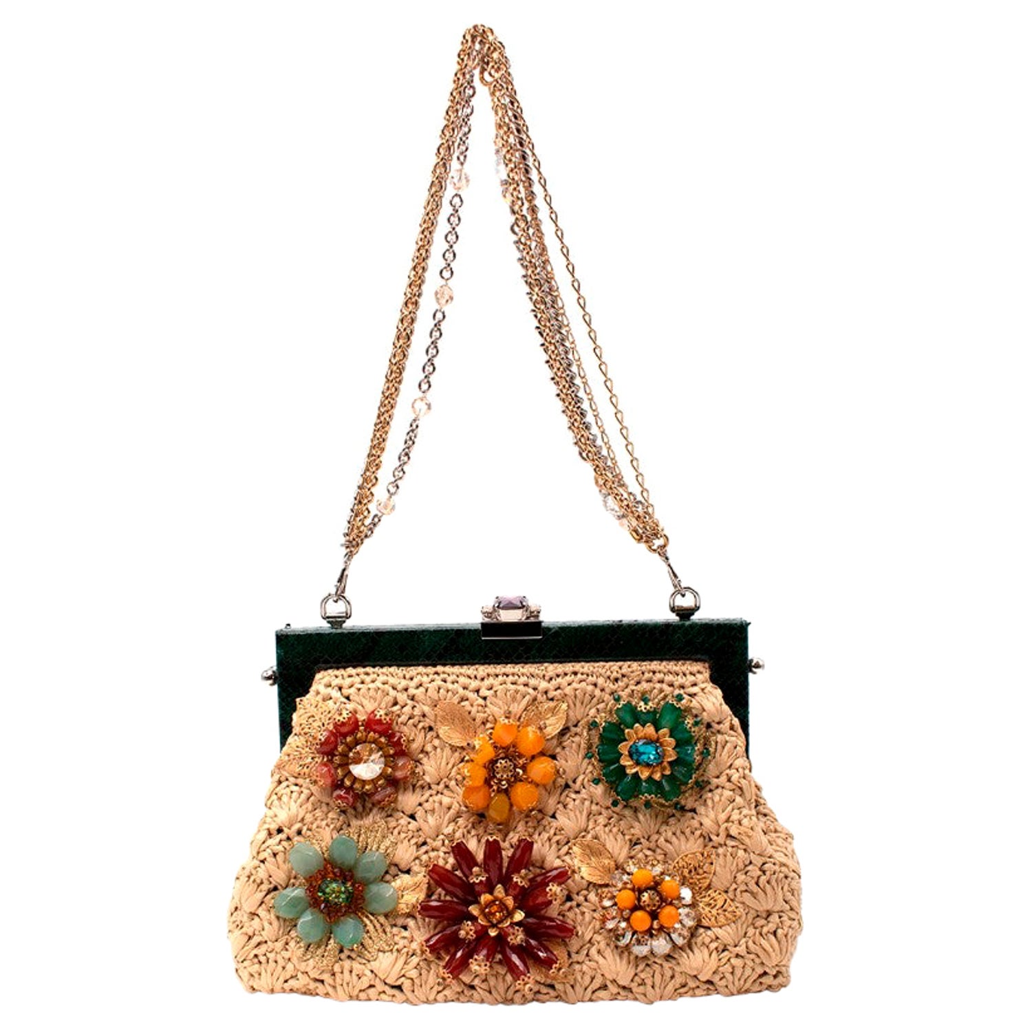 Dolce and Gabbana Crystal-Embellished Raffia Snakeskin Frame Bag For Sale  at 1stDibs