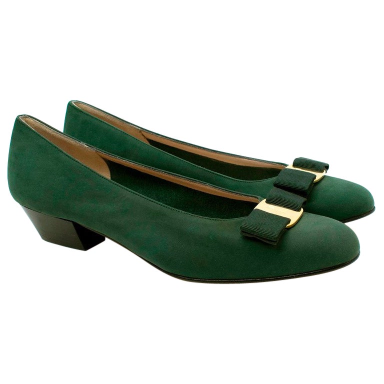 Salvatore Ferragamo Vara Bow Dark Green Suede Heeled Pumps For Sale at  1stDibs | green ferragamo shoes, vara dark, green low heels