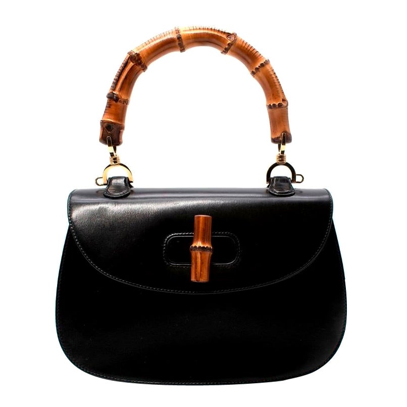 Gucci Bamboo Top Handle Black Leather Bag For Sale