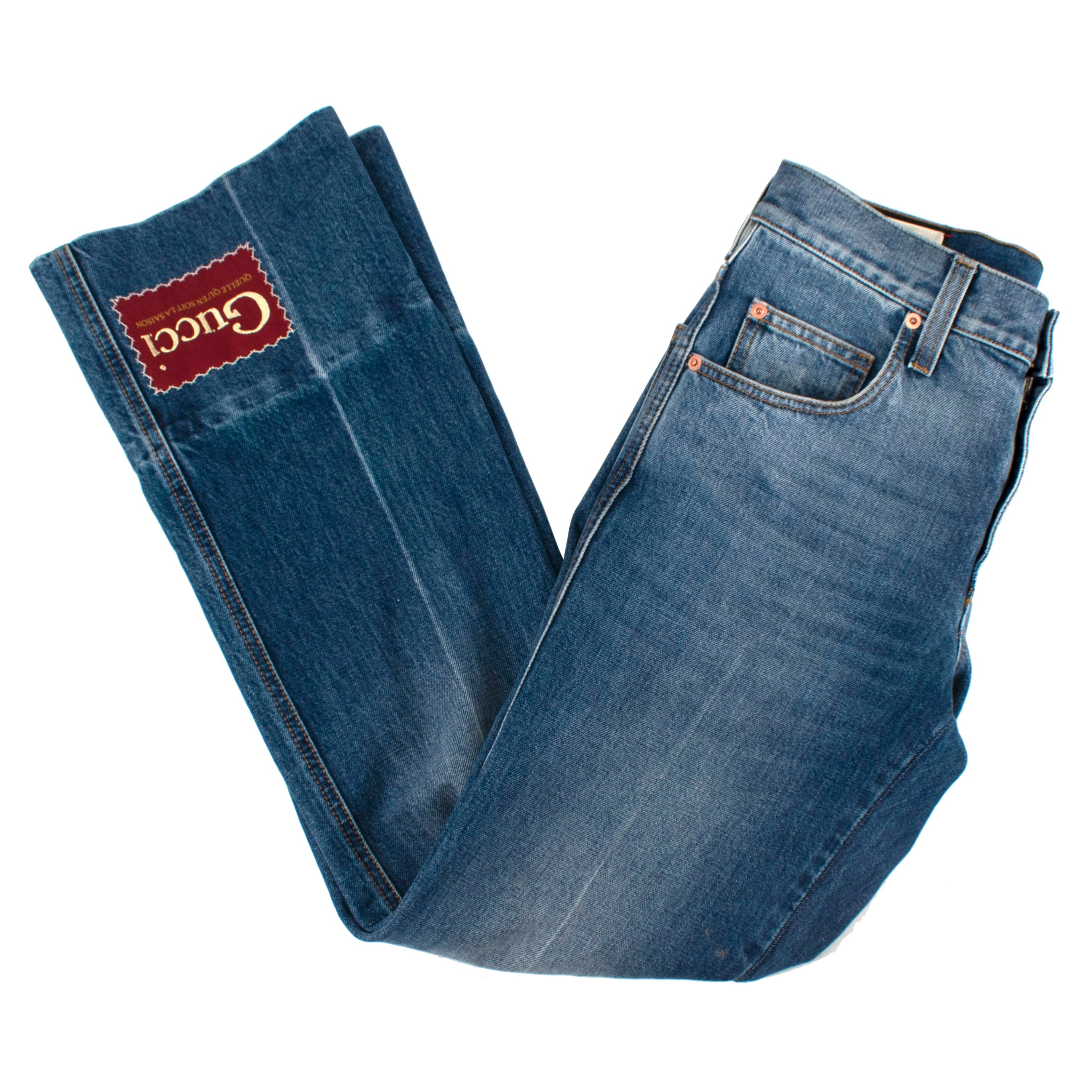 Gucci Faded Mid-Blue Denim Flared High Rise Jeans For Sale