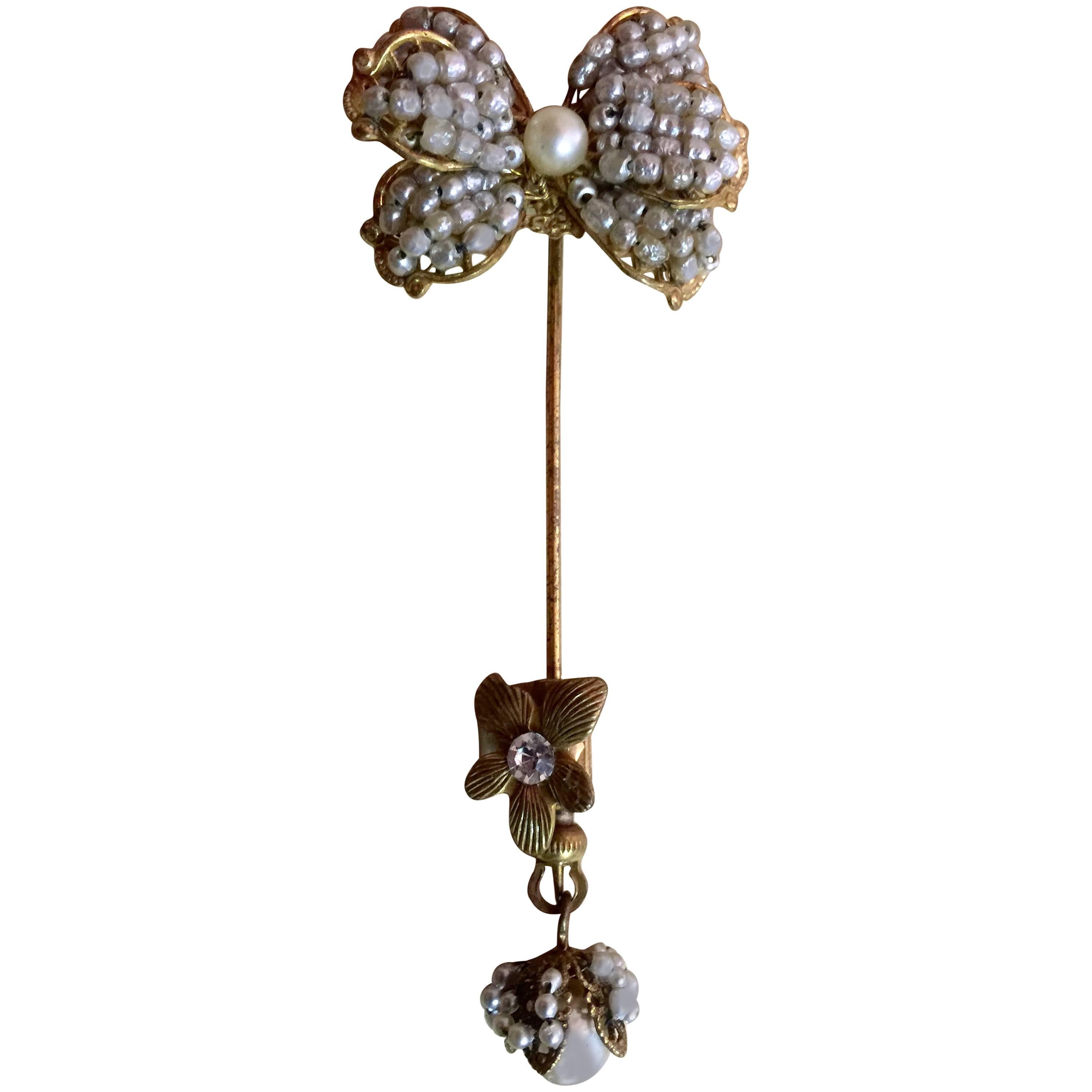1950's MIRIAM HASKELL Baroque Seed Pearl and Montee Rhinestone Stickpin For Sale