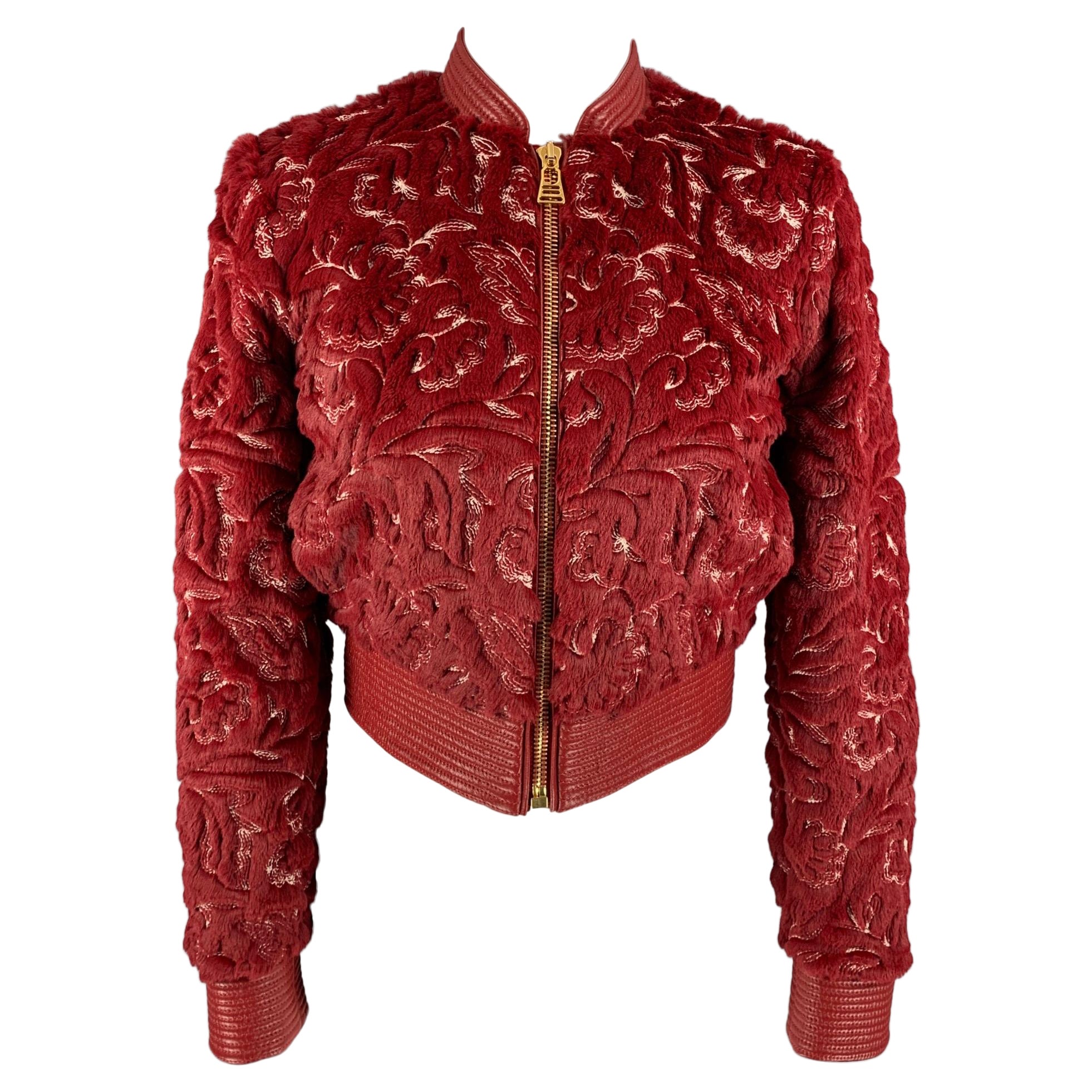 LA PERLA Size 0 Red & White Faux Fur Polyester / Cotton Embroidered Jacket