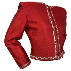 1980s Mary McFadden Red Textured Silk Zip-Front Jacket w/ Embroidery Trim