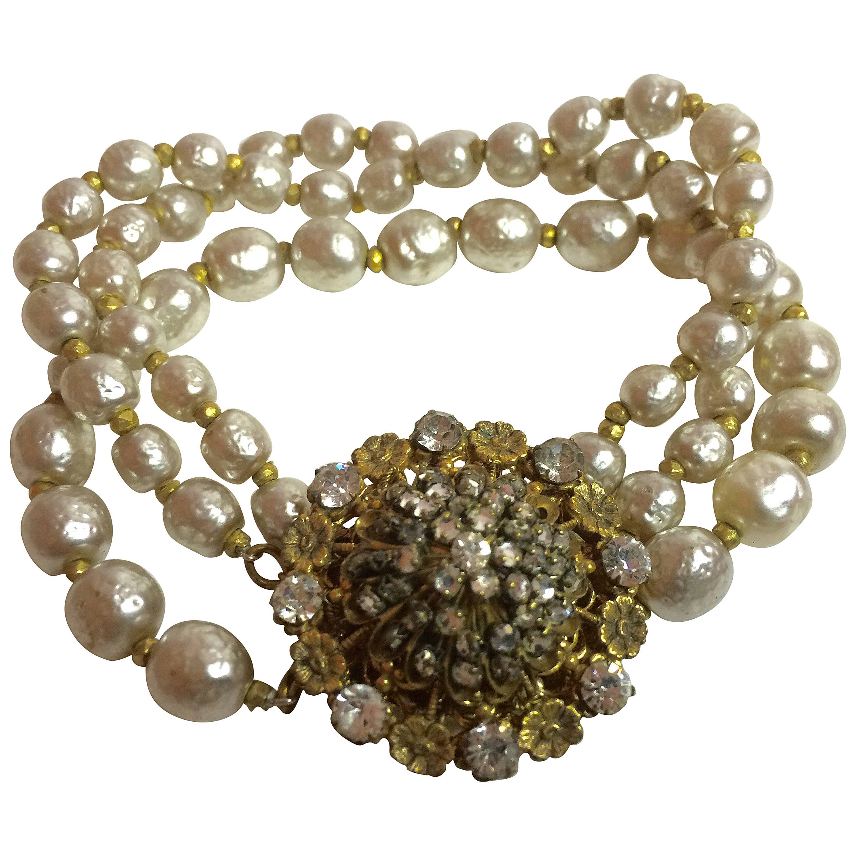 1960's MIRIAM HASKELL Baroque Pearl and Montee Rhinestone 3-strand Bracelet For Sale