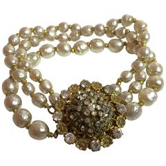 Retro 1960's MIRIAM HASKELL Baroque Pearl and Montee Rhinestone 3-strand Bracelet