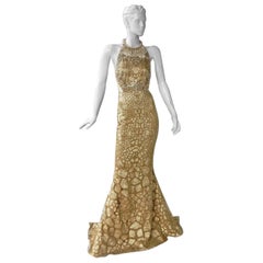 Shimmering Alexander McQueen Gold Jeweled Evening Dress Gown