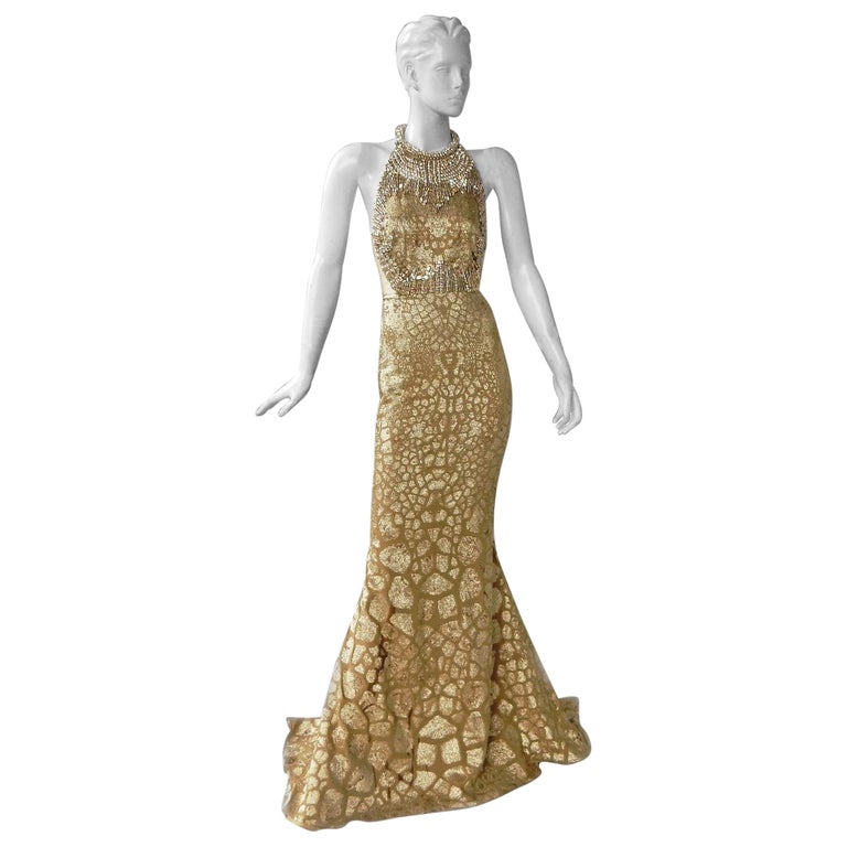 Shimmering Alexander McQueen Gold Jeweled Evening Dress Gown For 
