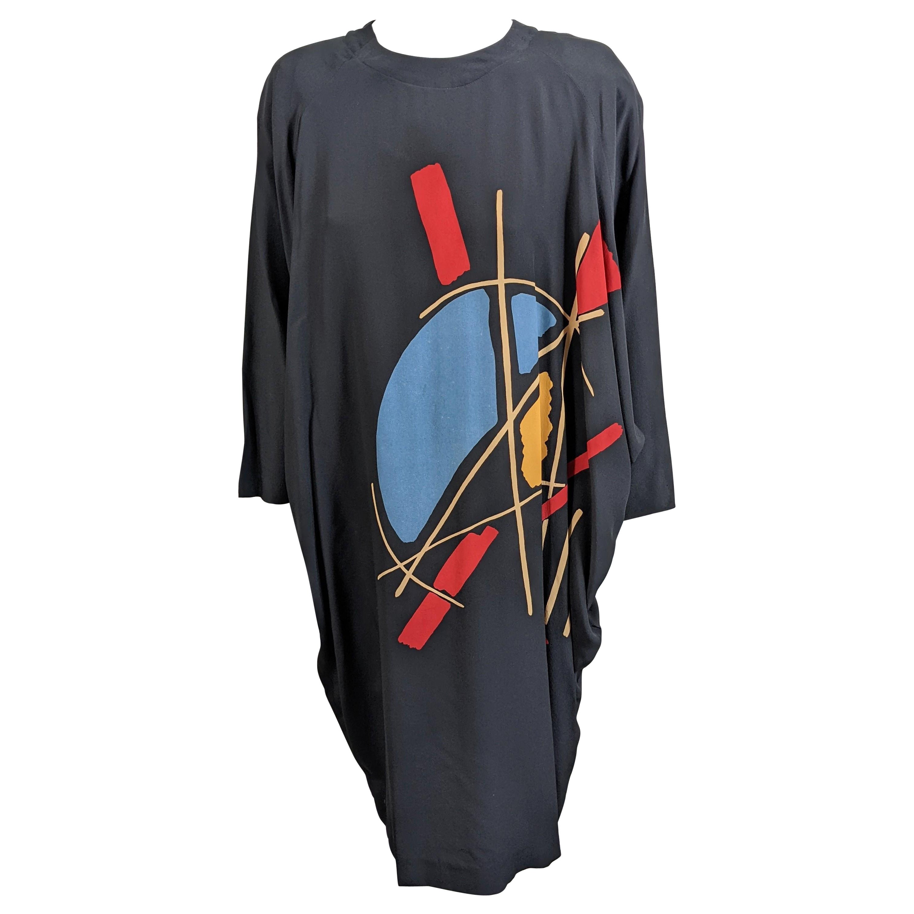 Guy Laroche Batwing Silk Crepe Graphic Print Dress For Sale