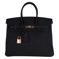 Hermes Birkin 25 Bag Black Rose Gold Hardware Togo Leather New w/Box