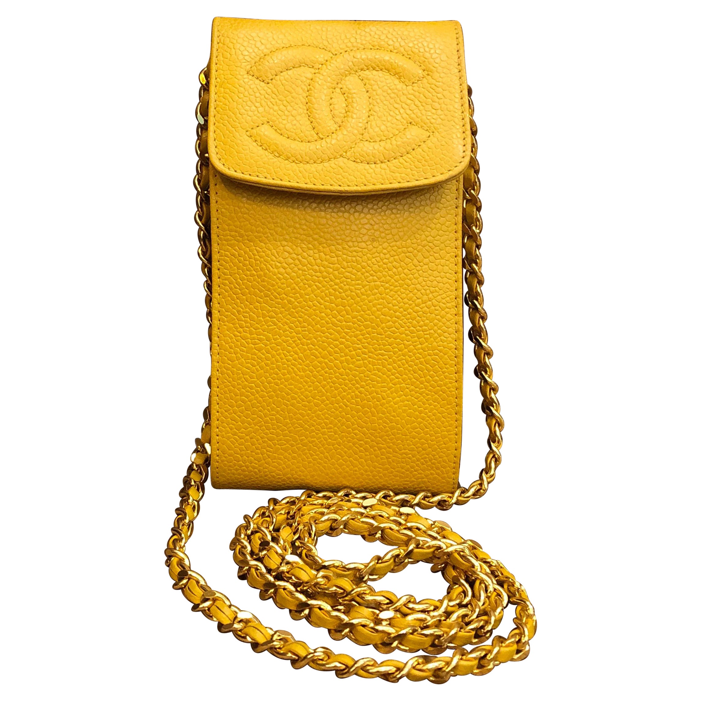 1990s Vintage CHANEL Yellow Caviar Leather Chain Pouch