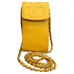 1990s Vintage CHANEL Calfskin Caviar Leather Chain Pouch Bag Yellow