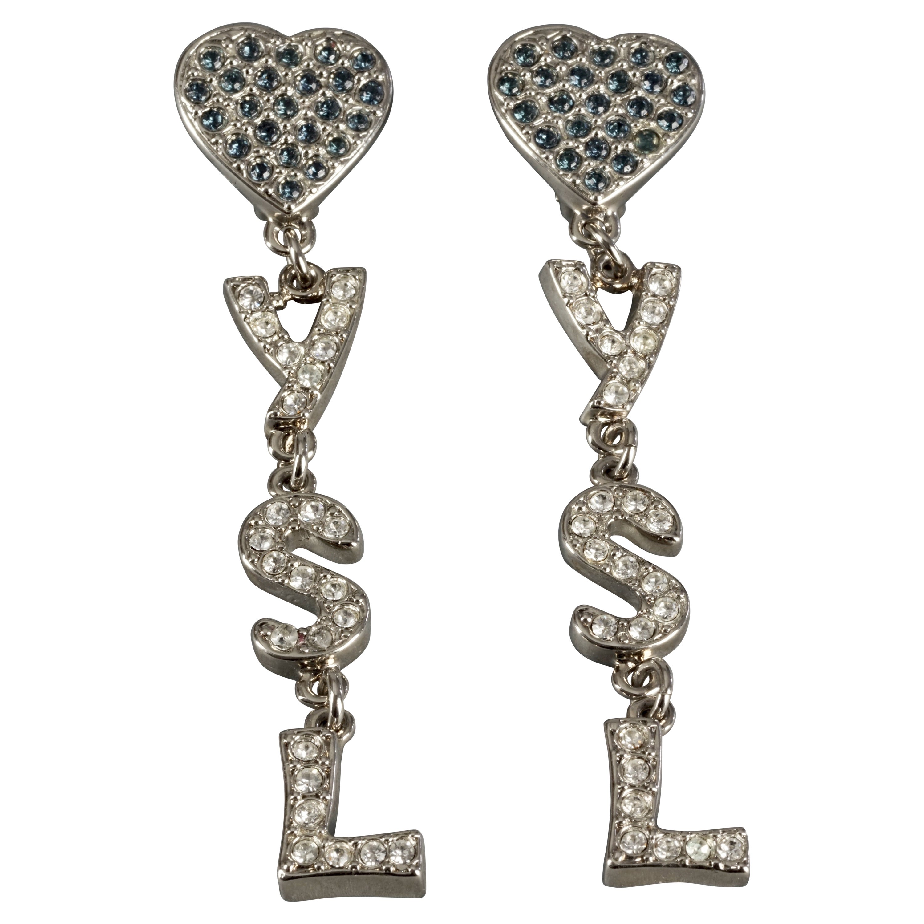 Vintage YVES SAINT LAURENT Ysl Initials Heart Rhinestone Dangling Earrings For Sale