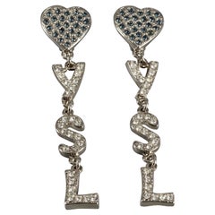 Vintage YVES SAINT LAURENT Ysl Initials Heart Rhinestone Dangling Earrings
