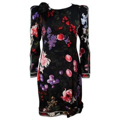 Used LEONARD Black Silk Cocktail Dress with Fruit Pattern & Bows Size 4-6