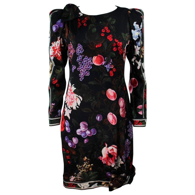 LEONARD Black Silk Cocktail Dress with Fruit Pattern and Bows Size 4-6 ...