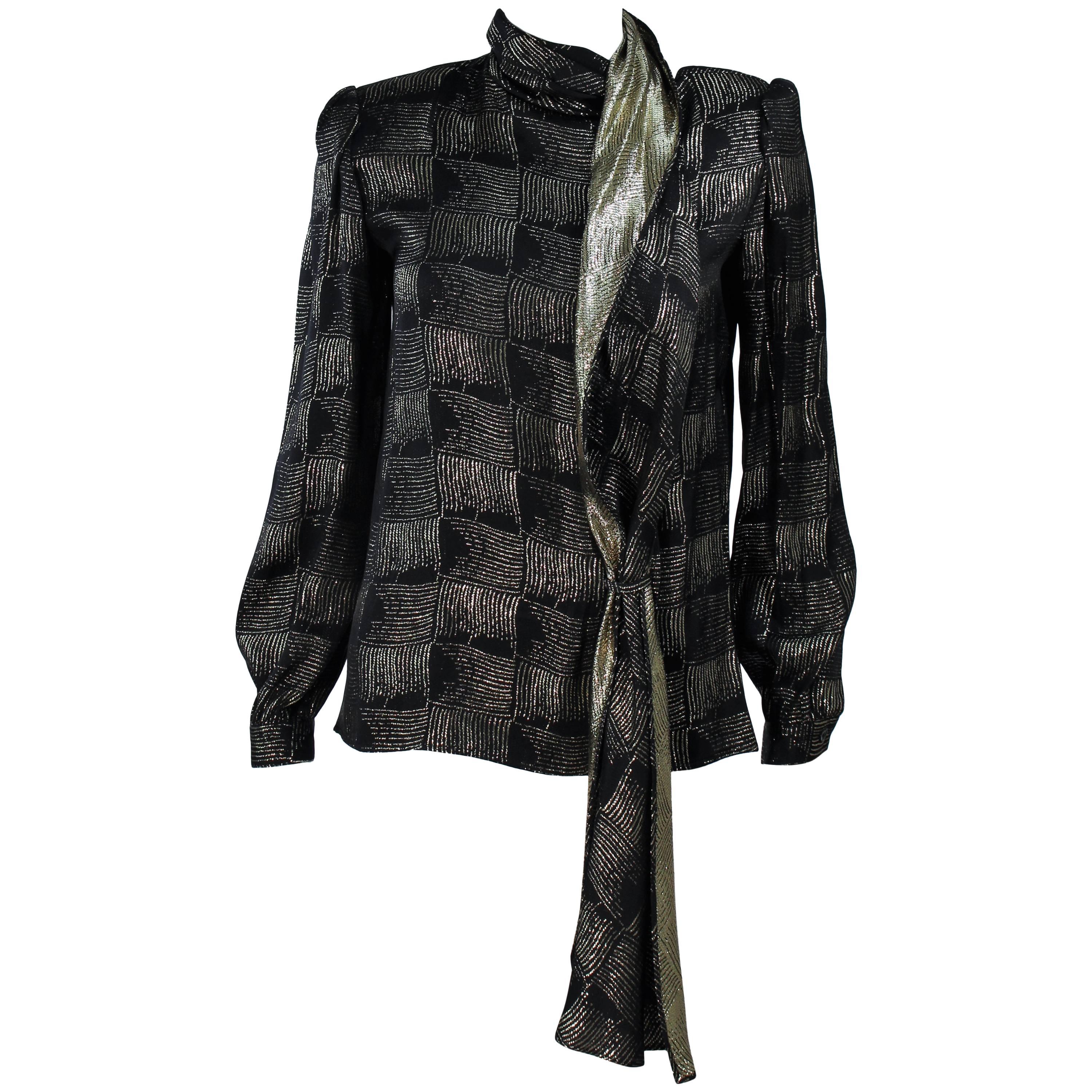VALENTINO Black and Gold Silk Metallic Blouse with Neck Tie Size 40