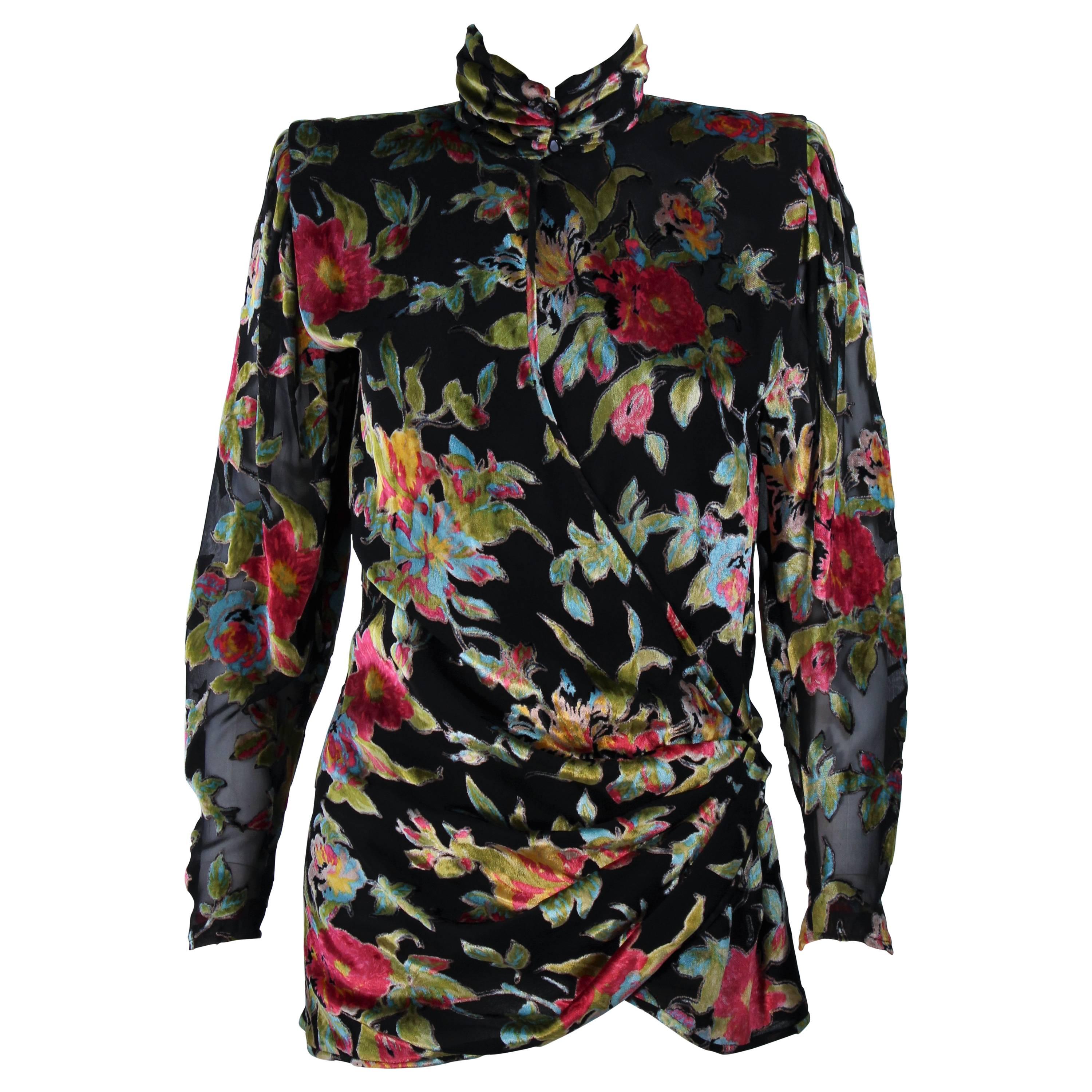 UNGARO Silk and Velvet Floral Motif Wrap Style Draped Blouse Size 8