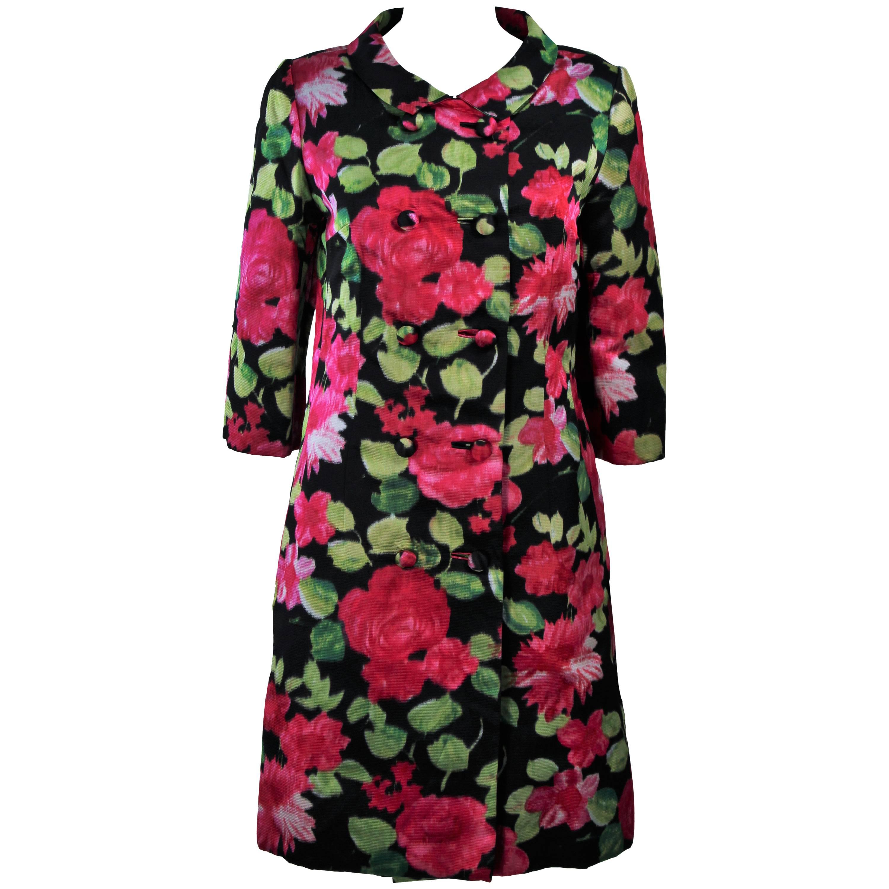 1960's Black Silk Floral Print Coat Size 6 For Sale