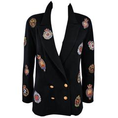 CHANEL BOUTIQUE RARE Beaded Coat of Arms Patch Black Cashmere Blazer Size 42