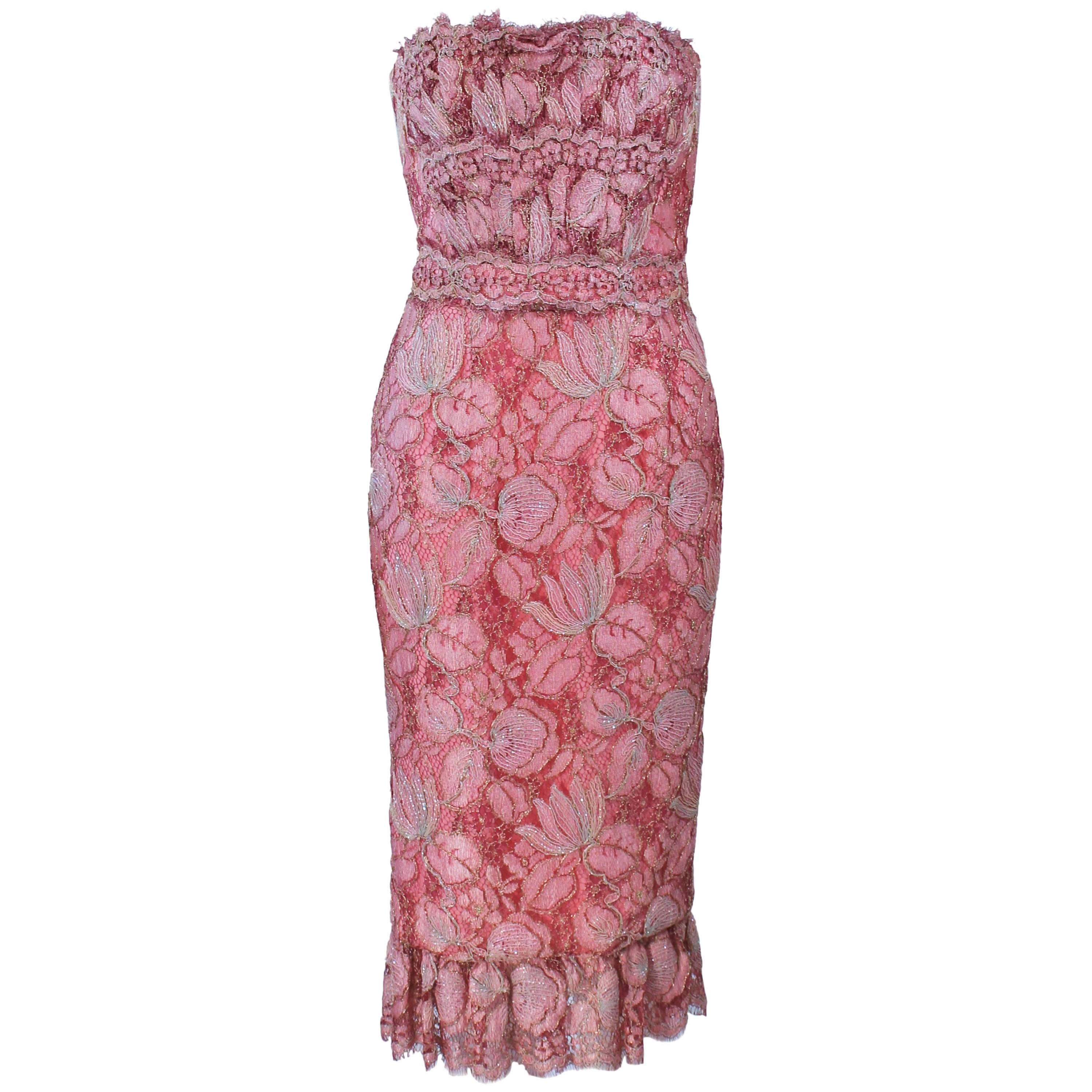 ELIZABETH MASON COUTURE Pink Metallic Lace Cocktail Dress Size 2 Made to Order