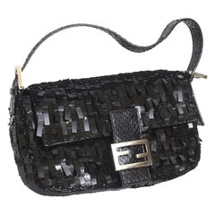 Fendi Black Paillette With Phython Leather Trim Baguette Bag