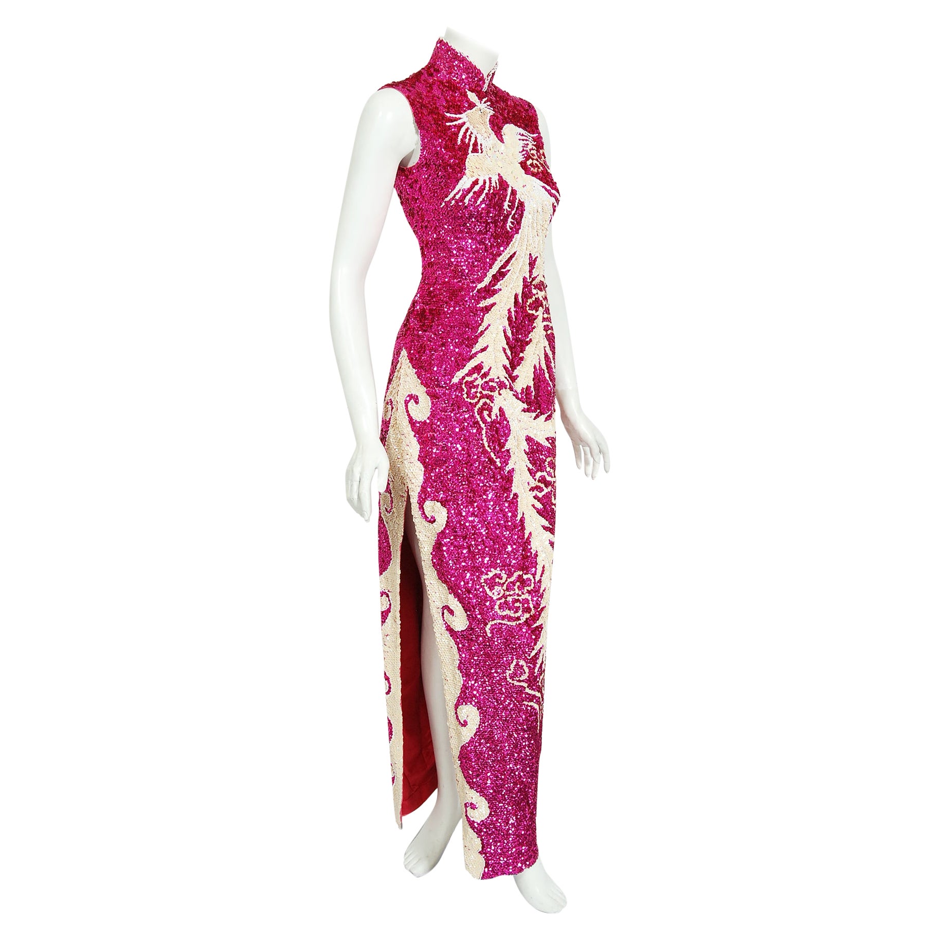 Vintage 1960's Magenta-Pink Sequin Beaded Phoenix Bird Hourglass Cheongsam Gown