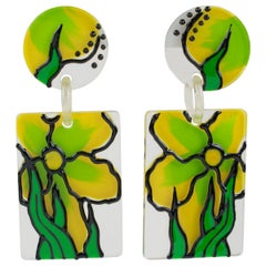 Flower Power Yellow and Green Lucite Dangle Pierced Earrings 