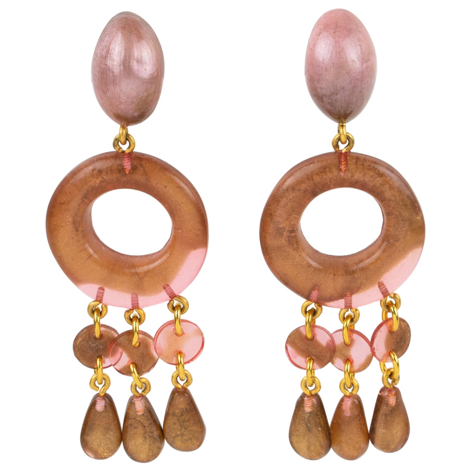 Dominique Denaive Paris Rose Brown Resin Dangle Clip Earrings For Sale