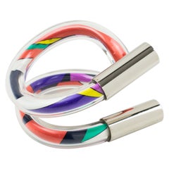 Emilio Pucci Futuristic Chrome Metal and Multicolor Silk Cuff Bracelet Bangle