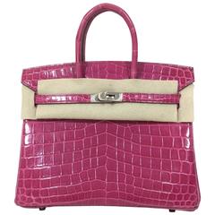 Rare Hermes Birkin 25 crocodile fushia phw