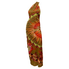 Jean Paul Gaultier Sexy Olive Green Backless Dress with Colorful Feather Pattern