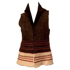Vintage Beaded Shearling Vest Brown and Cream Suede with Rose Colored Beadwork