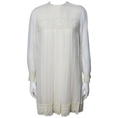 Vintage 1960s Ivory Chiffon Baby Doll Pleated Mini Dress