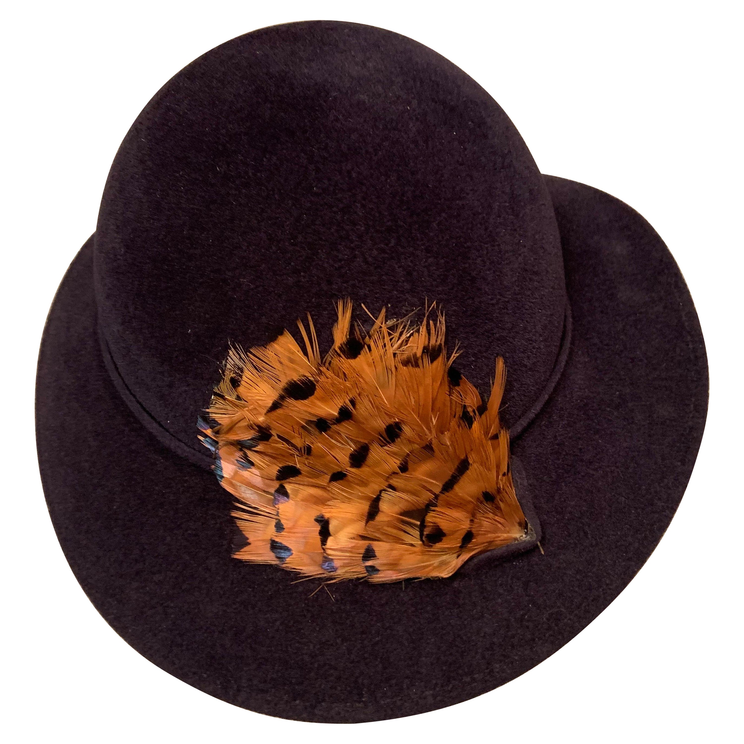 Navy Blue Wool Felt Hat with Feather Trim