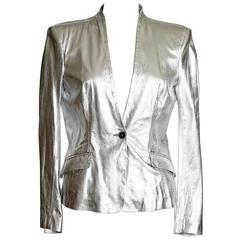 PIERRE BALMAIN Jacket Ice Silver Leather Light Weight 42 / 8 nwt 1