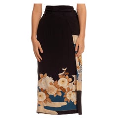 1940S Black Silk Hand Embroidered Japanese Kimono Skirt