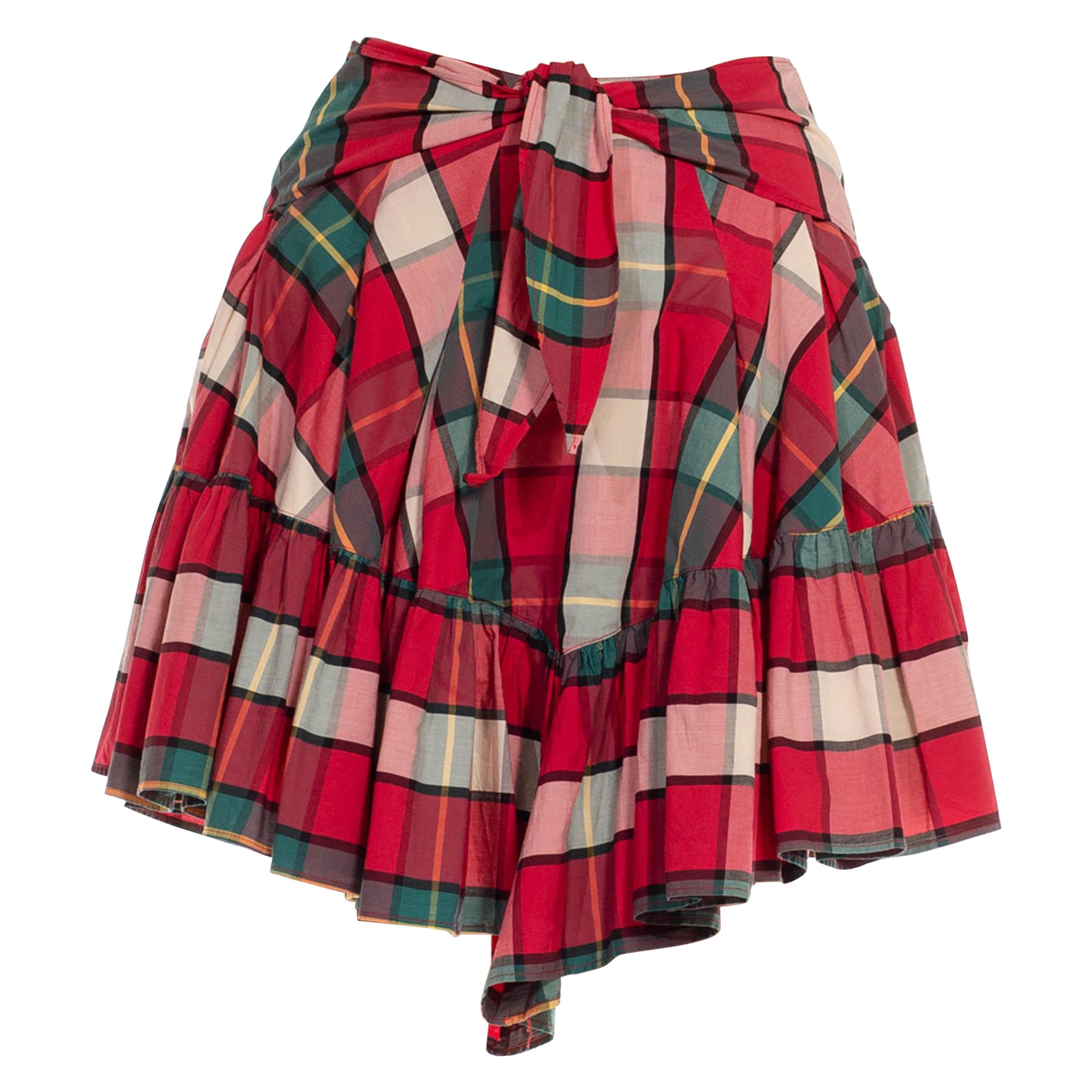 1980S VALENTINO OLIVER Red, Green & White Cotton Checked Layered Skirt For Sale