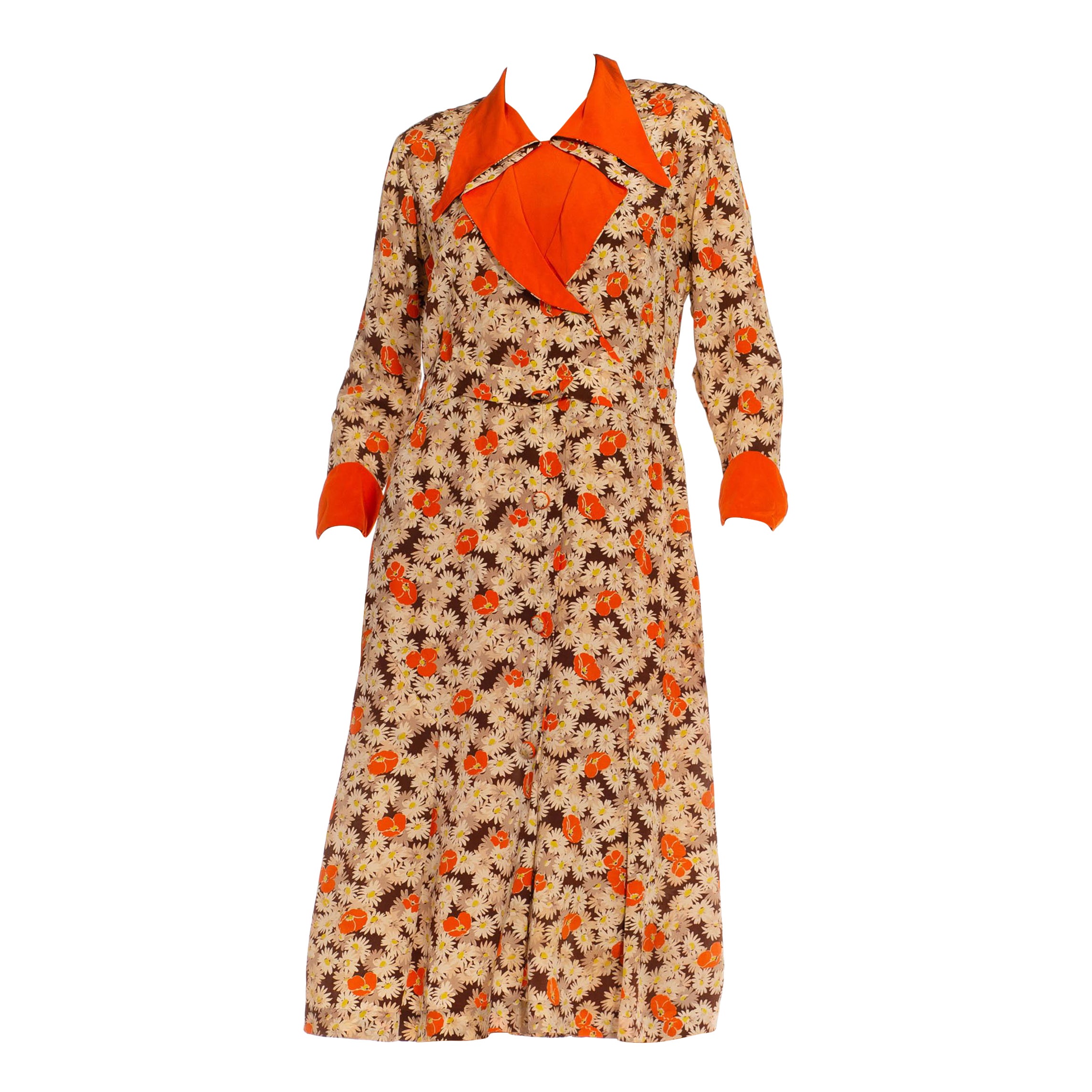 1930S Orange & Cream Silk Blend Daisy Poppy Printed Dress For Sale