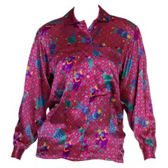 Vintage 1980S Escada Pink & Purple Silk Clown Flower Printed Blouse