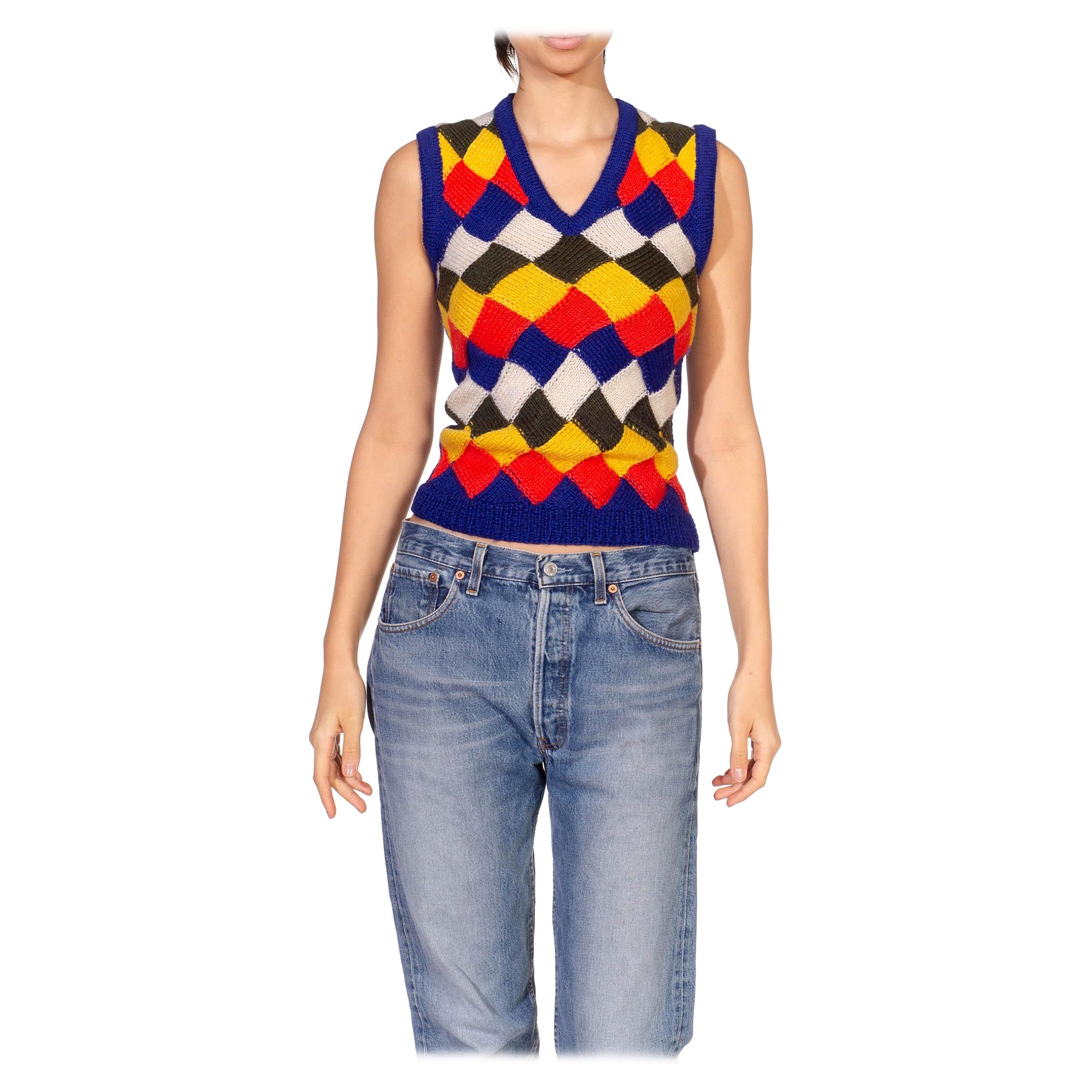 1970S Multicolor Hand Knit Wool Sweater Vest For Sale