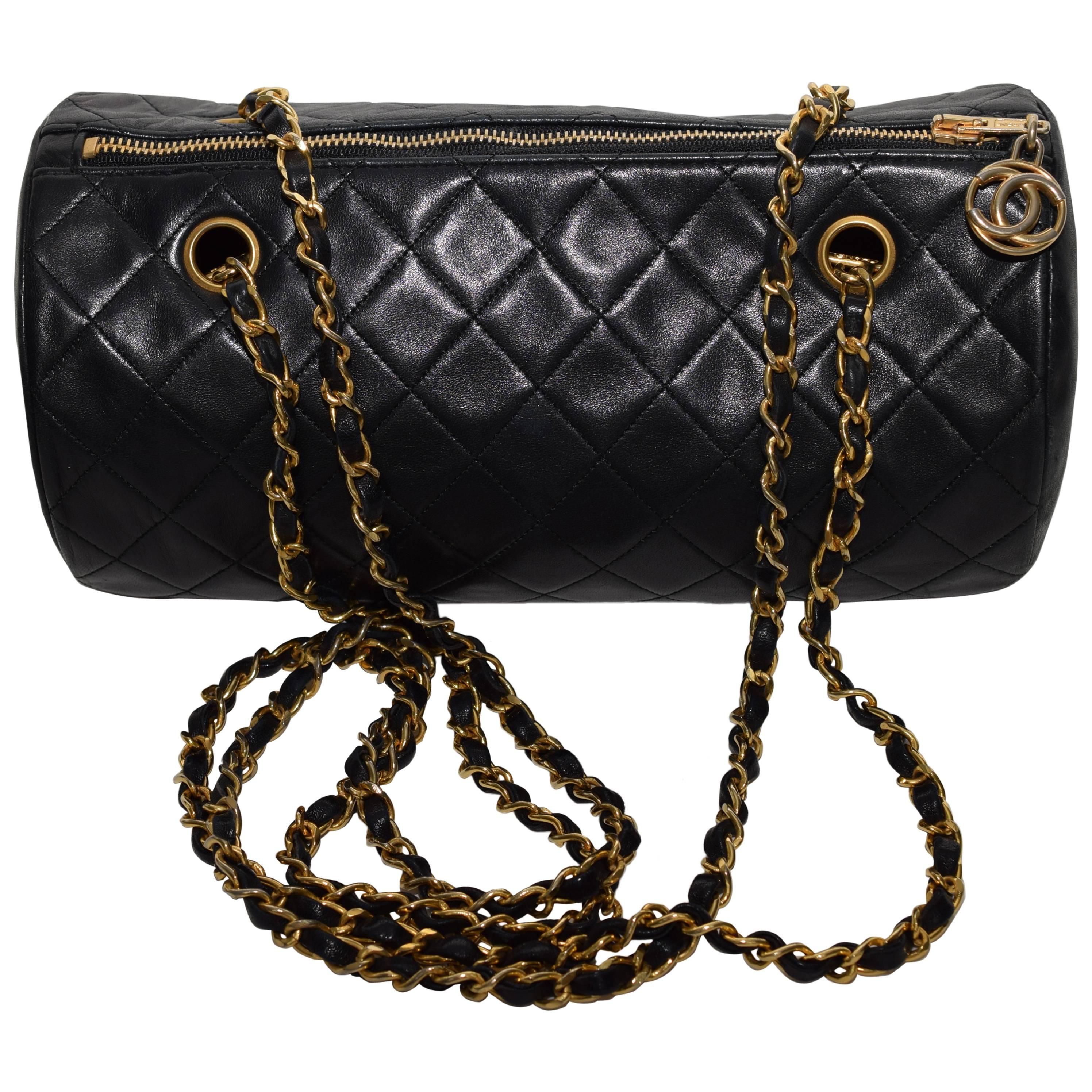 Authentic Vintage Chanel Quilted Chain Cylinder Papillon Shoulder barrel Bag. 