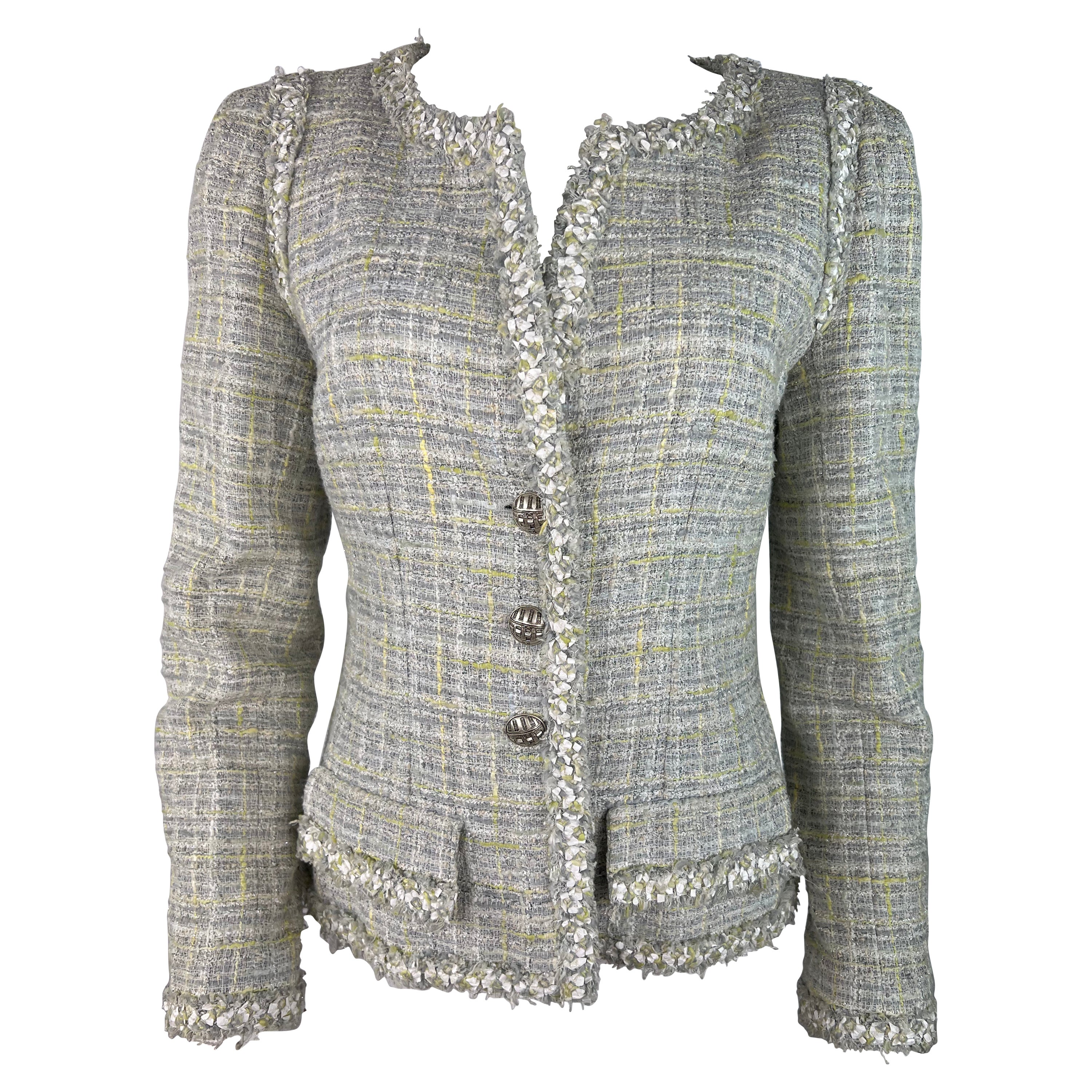 Vintage Chanel Tweed Blazer Jacket, Size 42 For Sale