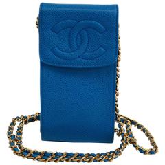 Vintage Chanel Blue Caviar Leather Gold Hardware Mini Cell Phone Crossbody Shoulder Bag