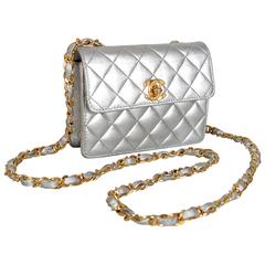Vintage 1990's Chanel Metallic-Silver Quilted Leather Mini Flap Shoulder Bag Purse