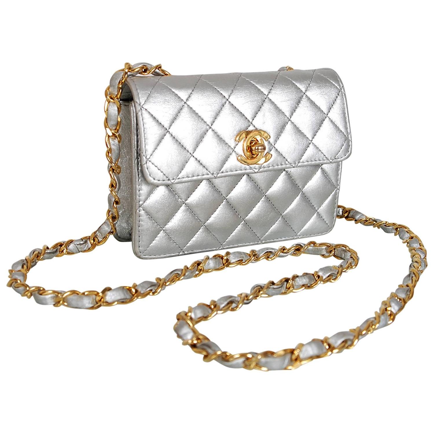 1990's Chanel Metallic-Silver Quilted Leather Mini Flap Shoulder Bag ...