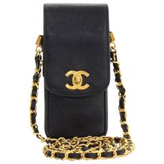 Chanel Rare Cuir Noir Caviar Logo CC Téléphone Cellulaire Mini Crossbody Shoulder Bag