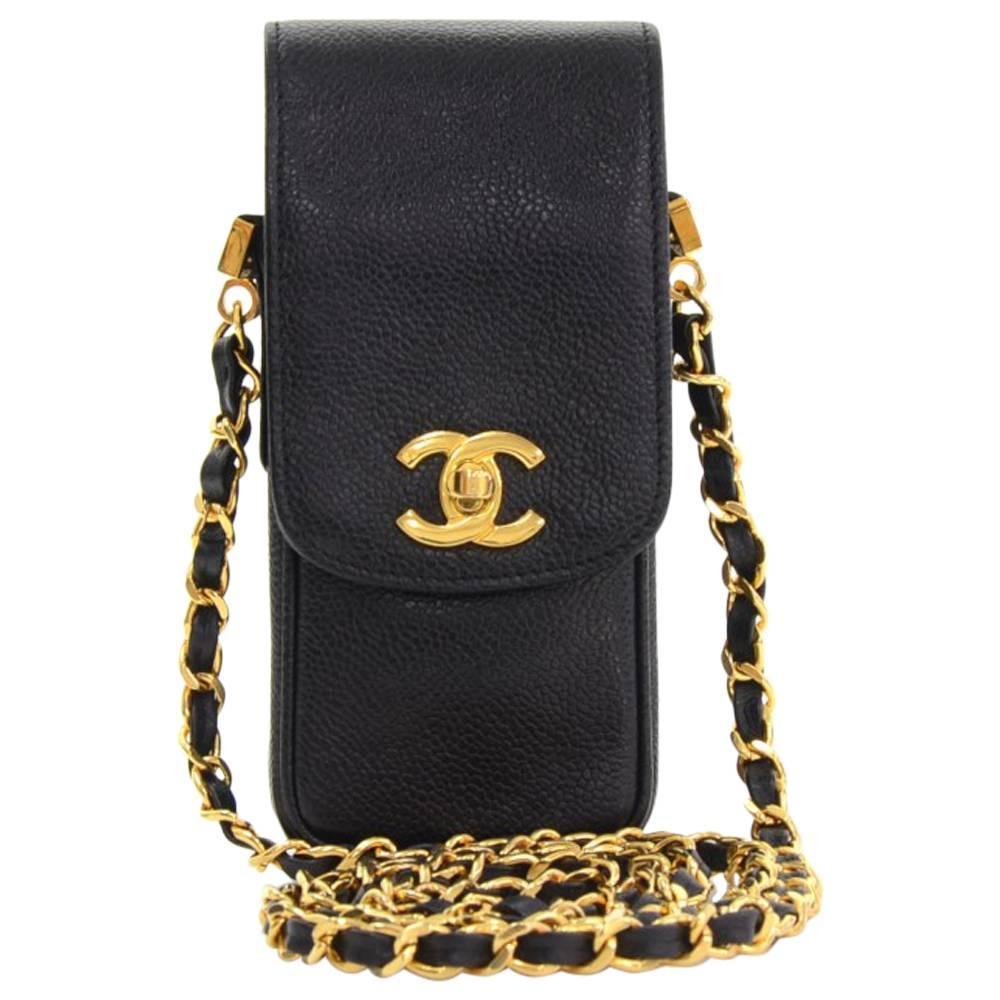 Chanel Rare Black Caviar Leather CC Logo Cell Phone Mini Crossbody Shoulder Bag at 1stdibs