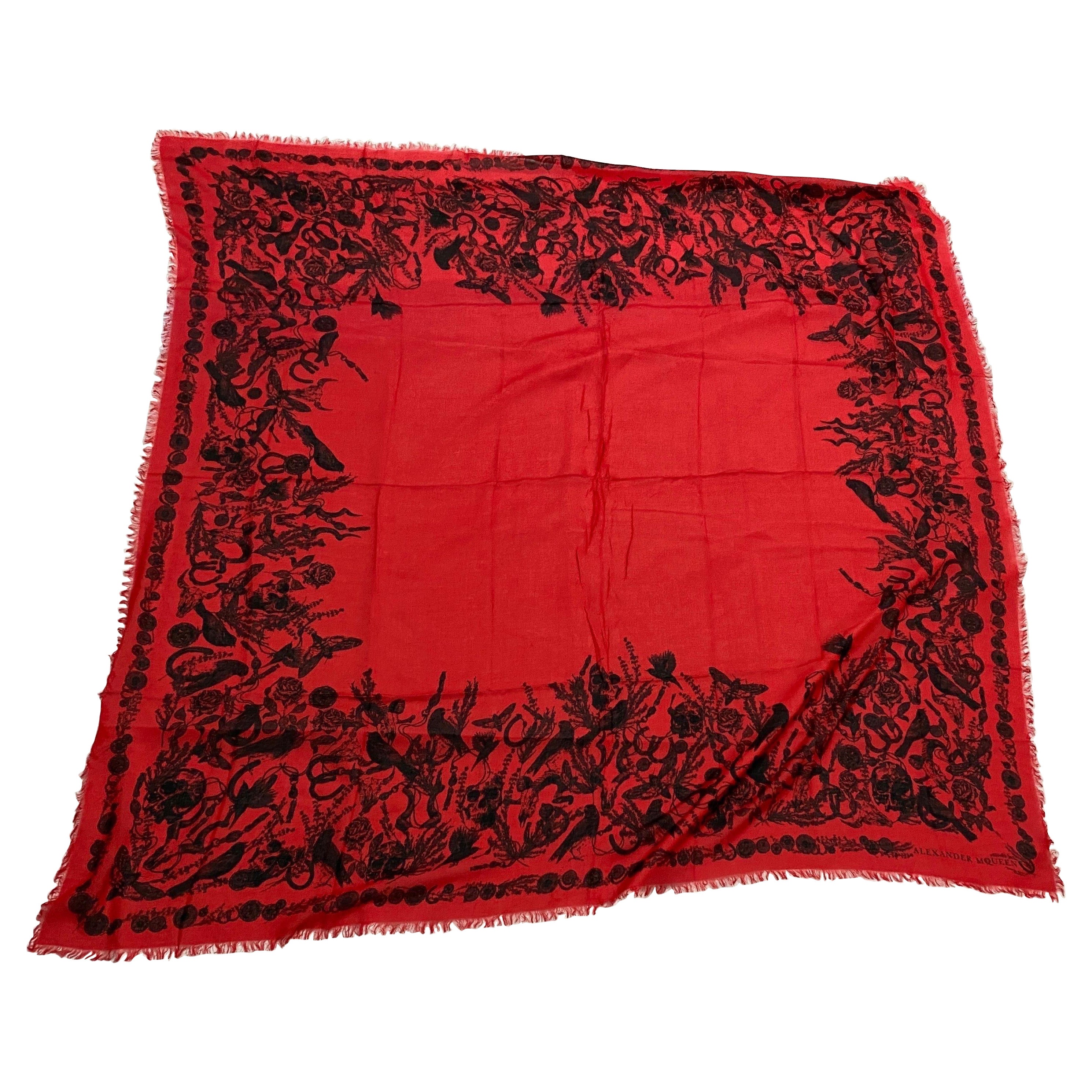 An Alexander McQueen Vintage Red and Black Silk Italian Scarf For Sale