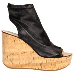 Chloe' Black Leather & Cork Glove Wedges