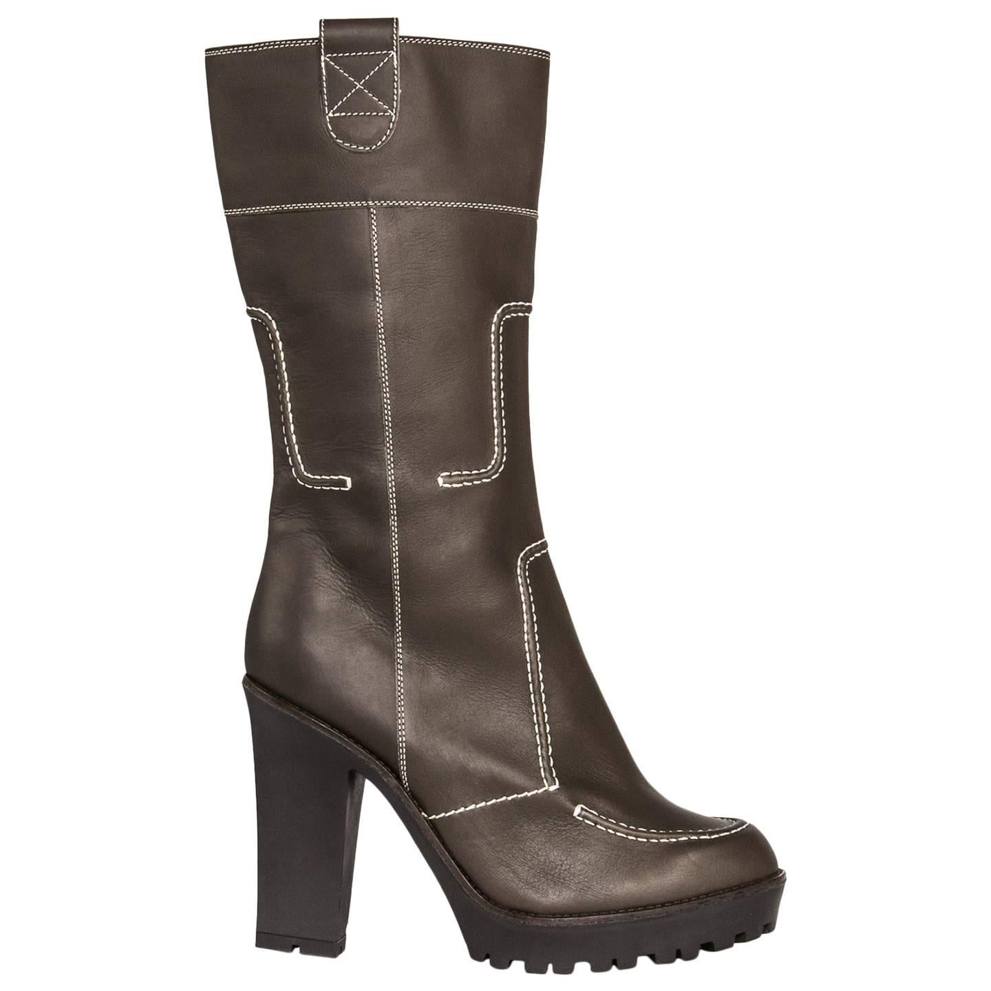 Yves Saint Laurent Brown Leather & Contrast Stitching Boots For Sale